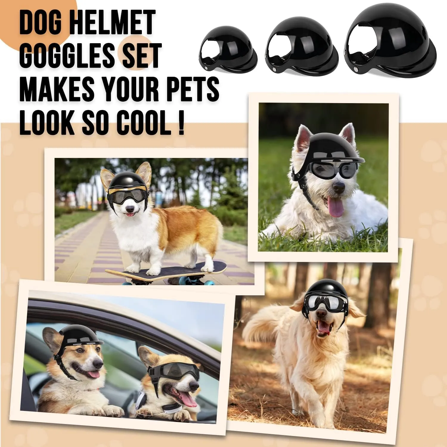 SlowTon Dog Helmet and Goggles - UV Protection Doggy Sunglasses Dog Glasses Pet Motorcycle Helmet Hat with Ear Holes Adjustable Belt Safety Hat for Small Medium Large Dogs Puppy Riding (Black, S)