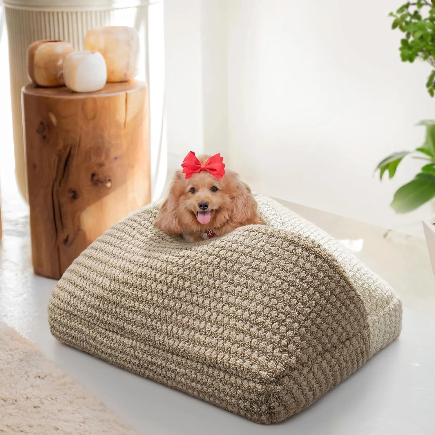 Small Dog and Cat Bed, 22 x 30 Inch Collapsible Cat Cave with Hooded Cover, Up to 33 Lbs, Calming Puppy Bed with Blanket, Anti-Slip Pad Bottom, Beige and Brown