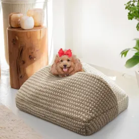Small Dog and Cat Bed, 22 x 30 Inch Collapsible Cat Cave with Hooded Cover, Up to 33 Lbs, Calming Puppy Bed with Blanket, Anti-Slip Pad Bottom, Beige and Brown