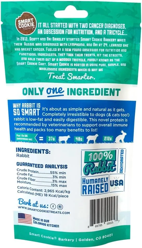 Smart Cookie Single Ingredient Rabbit Jerky Dog Treats - Training Treat Strips for Dogs and Puppies with Allergies, Sensitive Stomachs - Dehydrated, 100% Meat, Grain Free, Made in USA - 3oz, Pack of 1