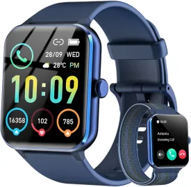 Smart Watch(Answer/Make Call), 1.85" Smartwatch for Men Women, 100  Sport Modes, Pedometer, IP68 Waterproof Fitness Tracker, Heart Rate/Sleep Monitor, Smart Watches for Android & iOS (2 Straps)