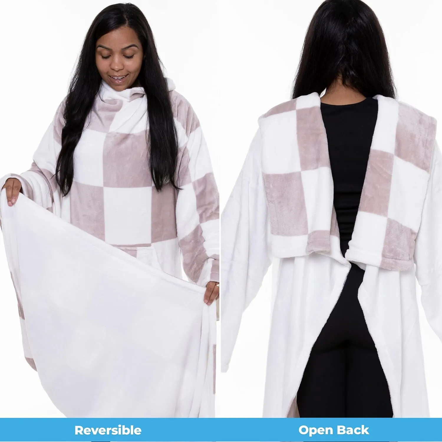 Snuggie Reversible The Original Wearable Blanket With Sleeves & Pocket for Adults| Functional Warm Cozy Super Soft Velveteen Cream/Checker