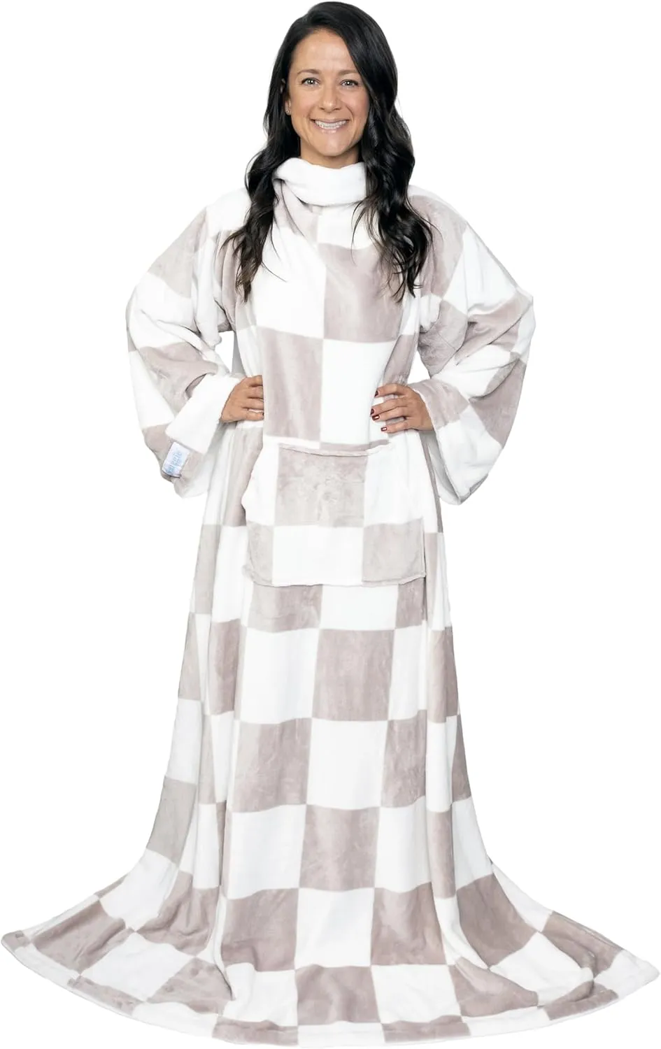 Snuggie Reversible The Original Wearable Blanket With Sleeves & Pocket for Adults| Functional Warm Cozy Super Soft Velveteen Cream/Checker