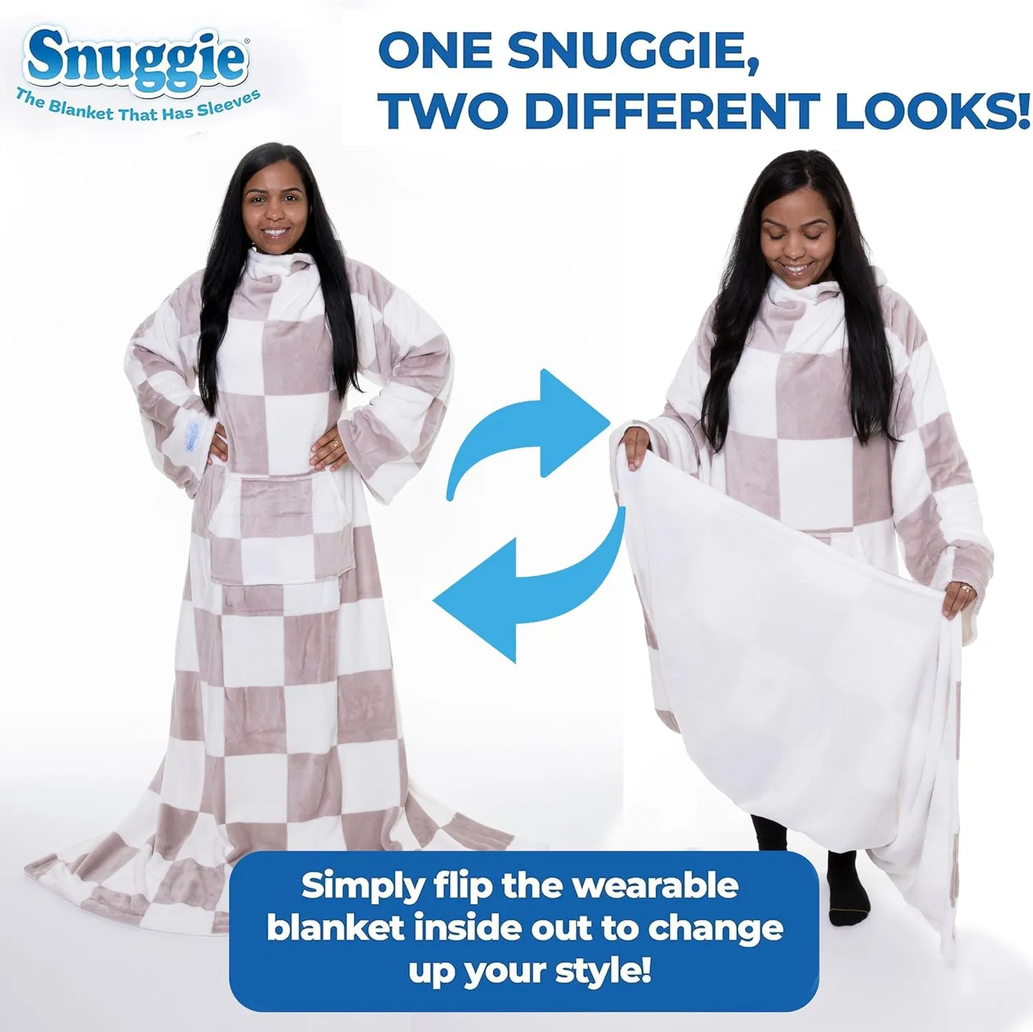 Snuggie Reversible The Original Wearable Blanket With Sleeves & Pocket for Adults| Functional Warm Cozy Super Soft Velveteen Cream/Checker