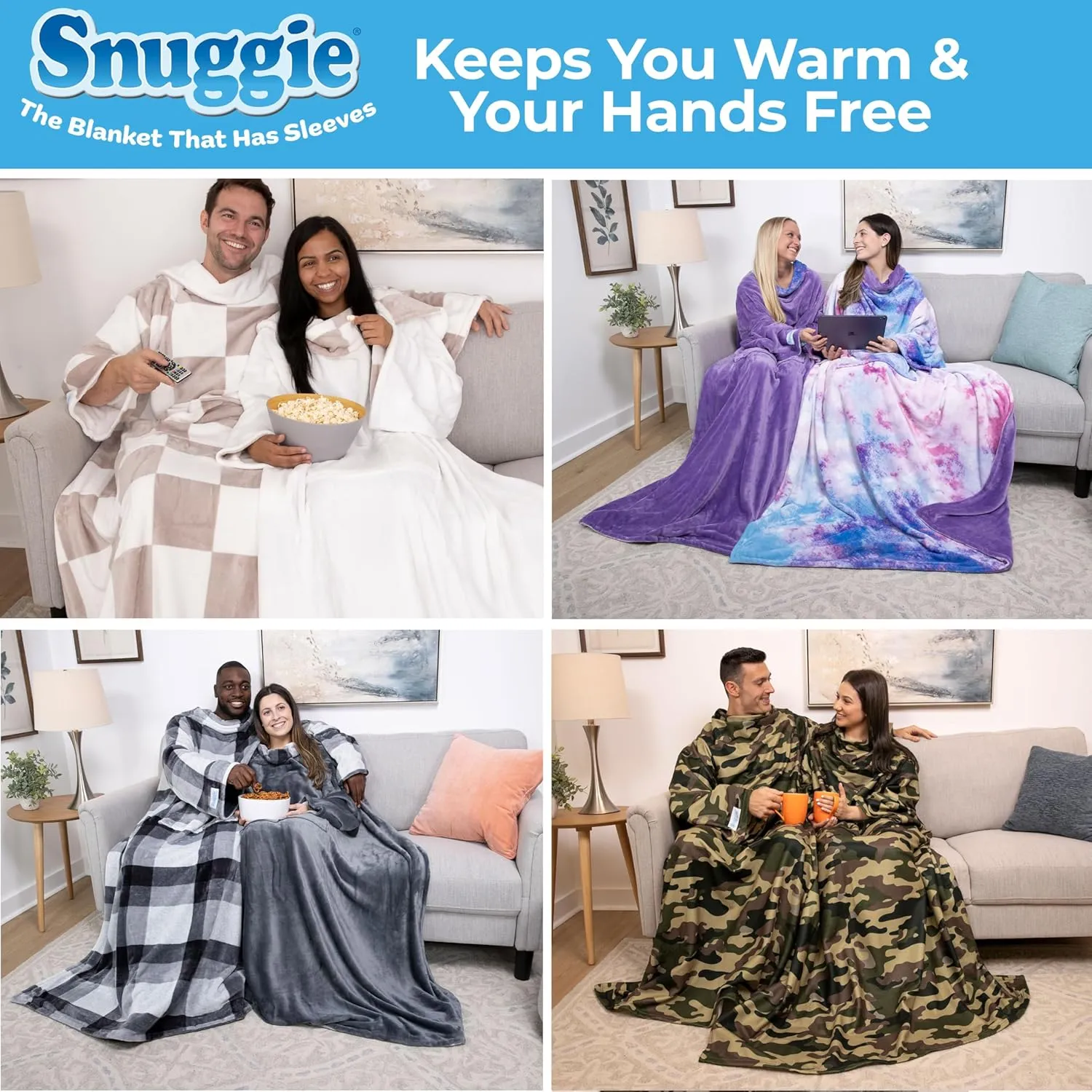 Snuggie Reversible The Original Wearable Blanket With Sleeves & Pocket for Adults| Functional Warm Cozy Super Soft Velveteen Cream/Checker