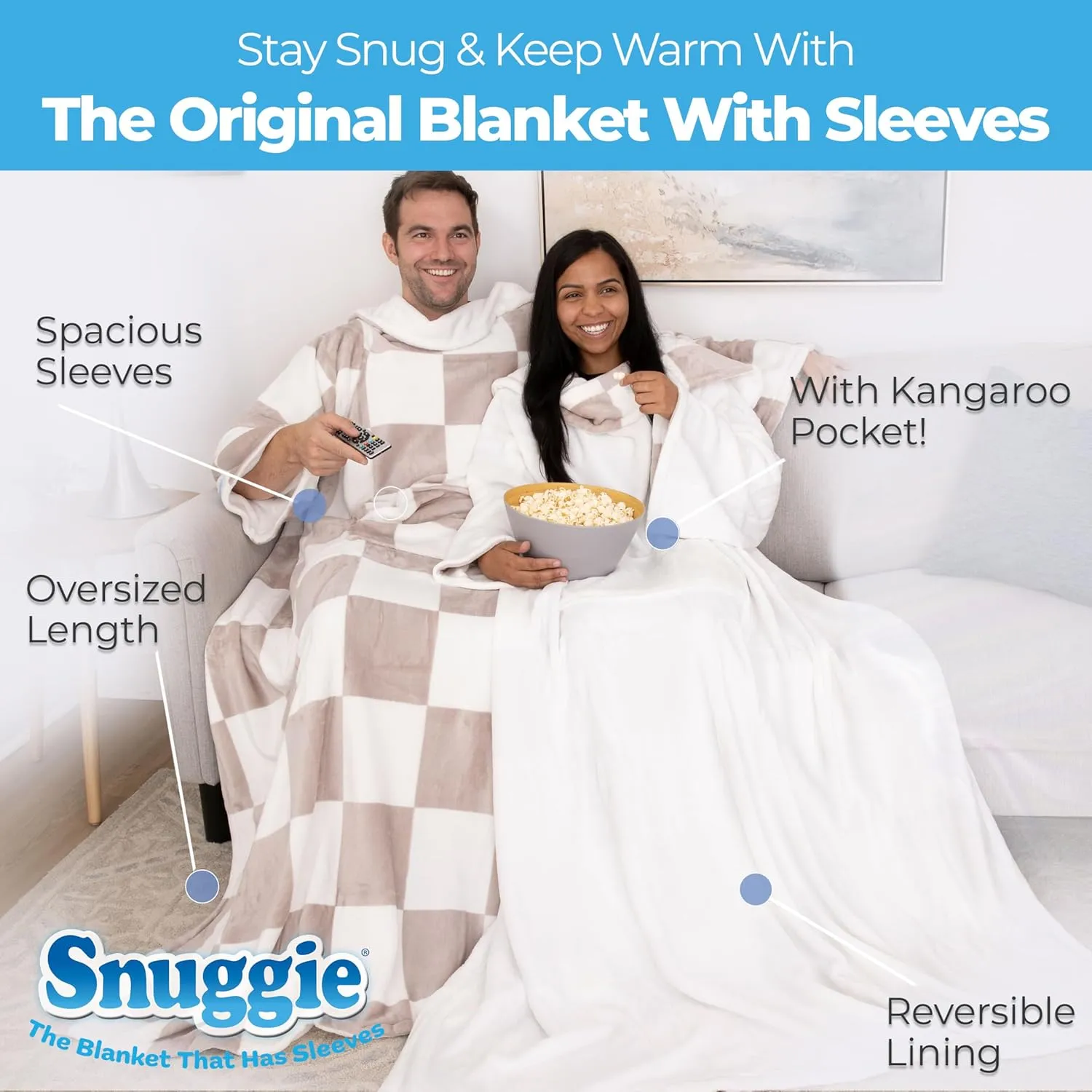 Snuggie Reversible The Original Wearable Blanket With Sleeves & Pocket for Adults| Functional Warm Cozy Super Soft Velveteen Cream/Checker