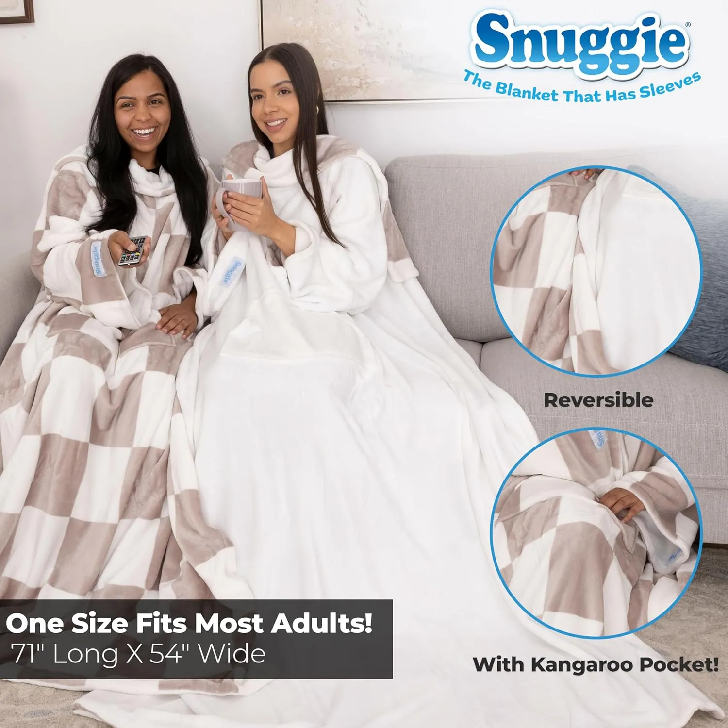 Snuggie Reversible The Original Wearable Blanket With Sleeves & Pocket for Adults| Functional Warm Cozy Super Soft Velveteen Cream/Checker