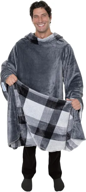 Snuggie Reversible The Original Wearable Blanket With Sleeves & Pocket for Adults| Functional Warm Cozy Super Soft Velveteen Grey/Plaid