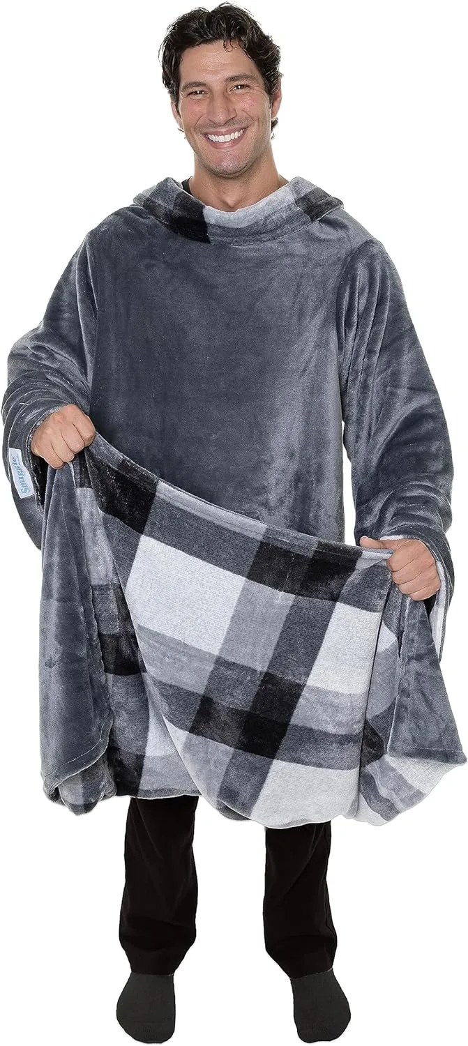 Snuggie Reversible The Original Wearable Blanket With Sleeves & Pocket for Adults| Functional Warm Cozy Super Soft Velveteen Grey/Plaid