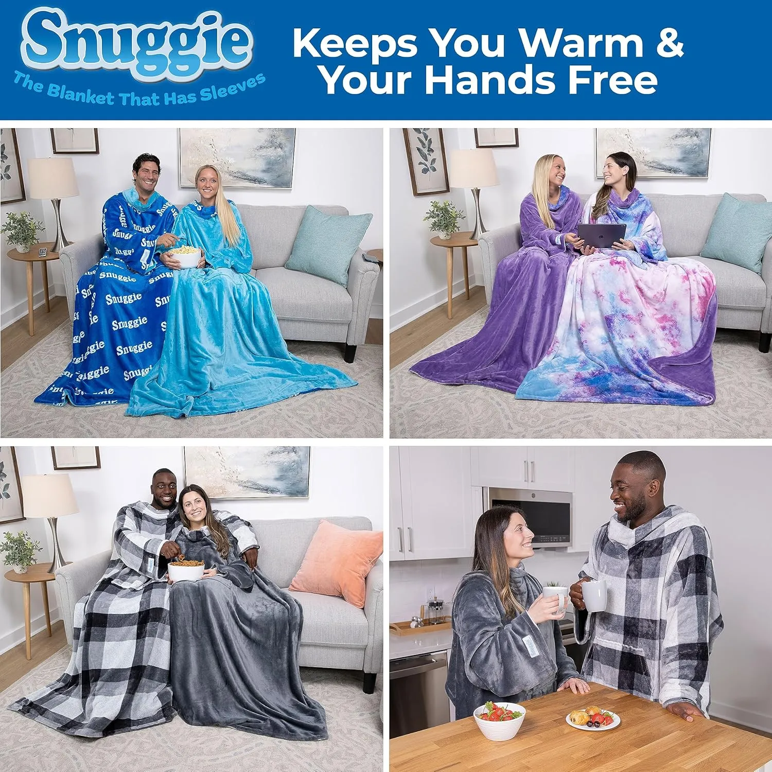 Snuggie Reversible The Original Wearable Blanket With Sleeves & Pocket for Adults| Functional Warm Cozy Super Soft Velveteen Grey/Plaid