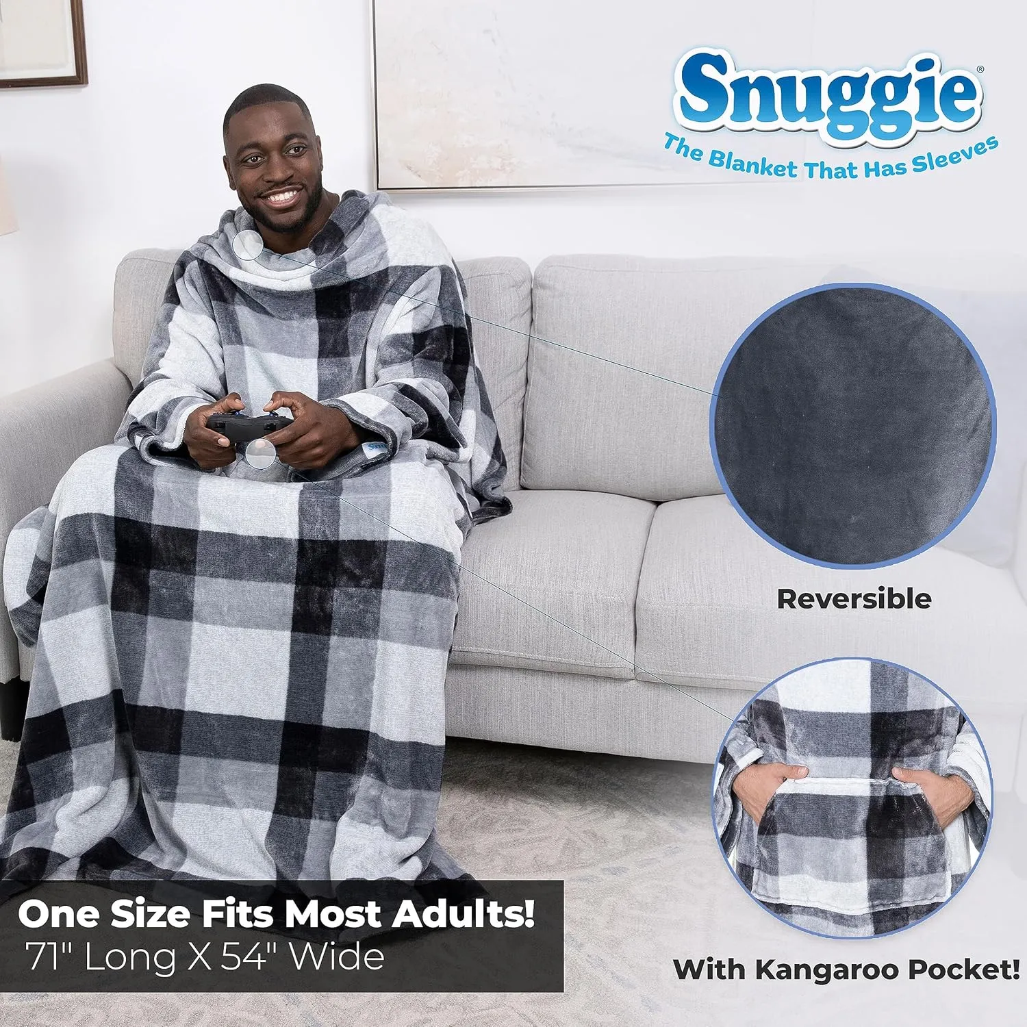Snuggie Reversible The Original Wearable Blanket With Sleeves & Pocket for Adults| Functional Warm Cozy Super Soft Velveteen Grey/Plaid