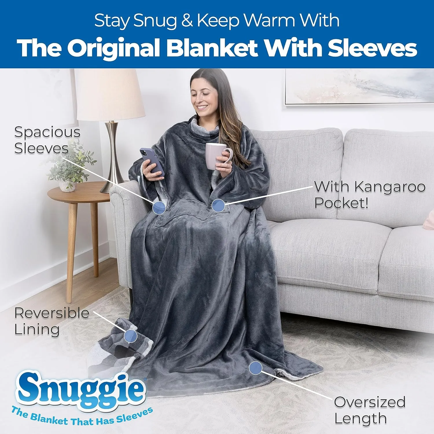 Snuggie Reversible The Original Wearable Blanket With Sleeves & Pocket for Adults| Functional Warm Cozy Super Soft Velveteen Grey/Plaid