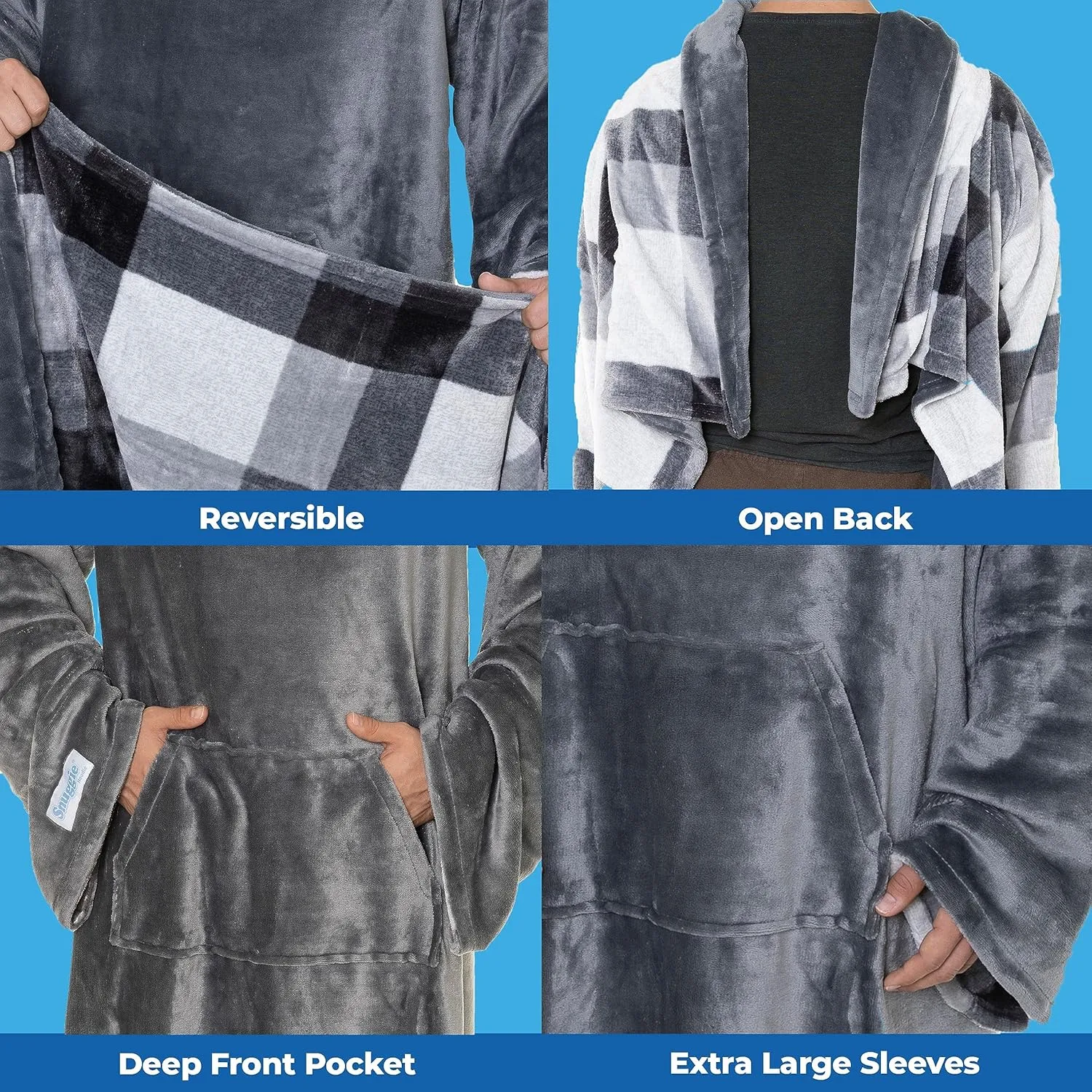 Snuggie Reversible The Original Wearable Blanket With Sleeves & Pocket for Adults| Functional Warm Cozy Super Soft Velveteen Grey/Plaid