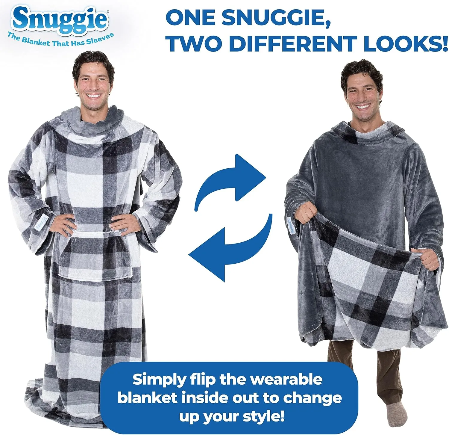 Snuggie Reversible The Original Wearable Blanket With Sleeves & Pocket for Adults| Functional Warm Cozy Super Soft Velveteen Grey/Plaid