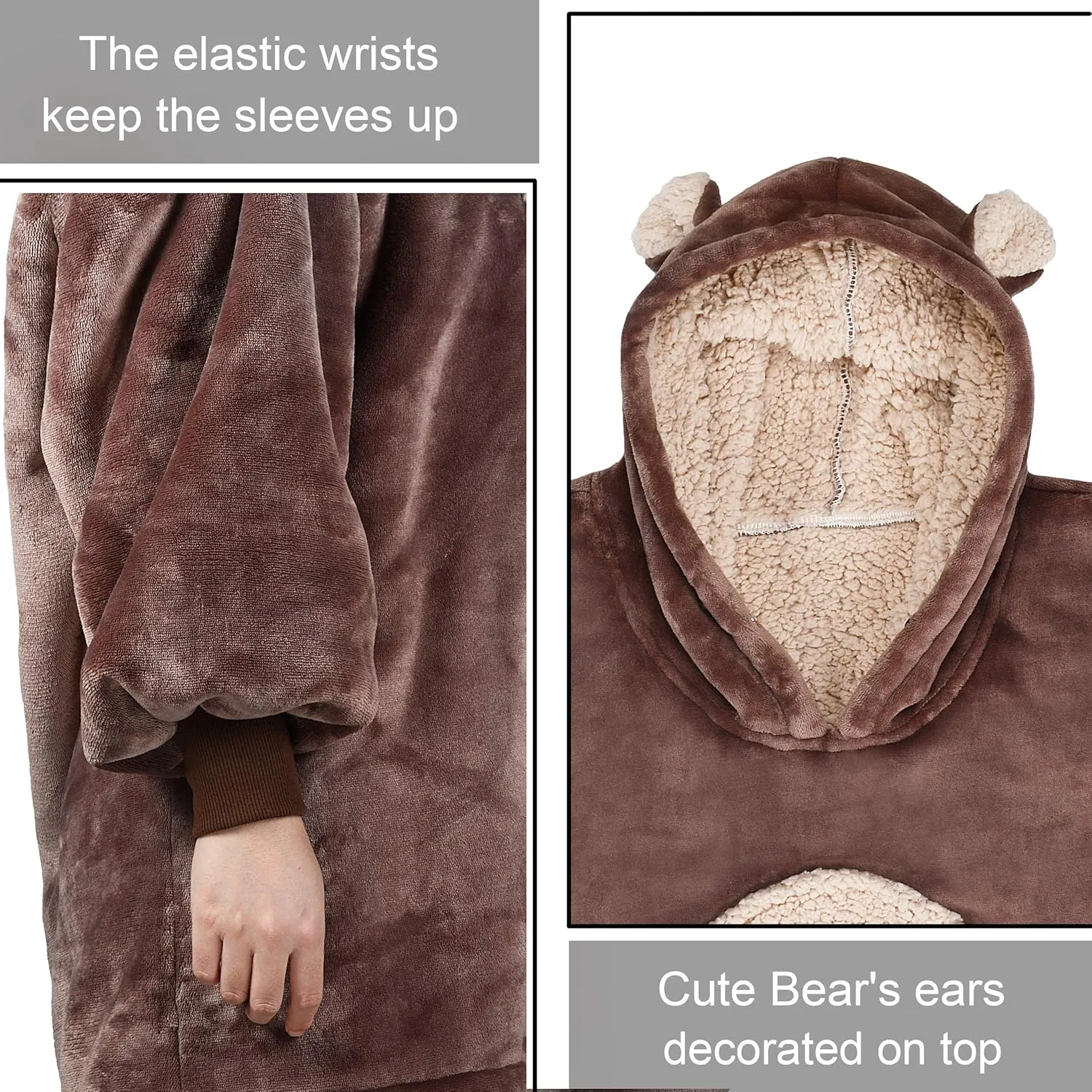 Solaris Bear Oversized Blanket Sweatshirt, Super Soft Warm Cozy Wearable Sherpa Hoodie for Women Men, Gift Idea for Adult & Teens
