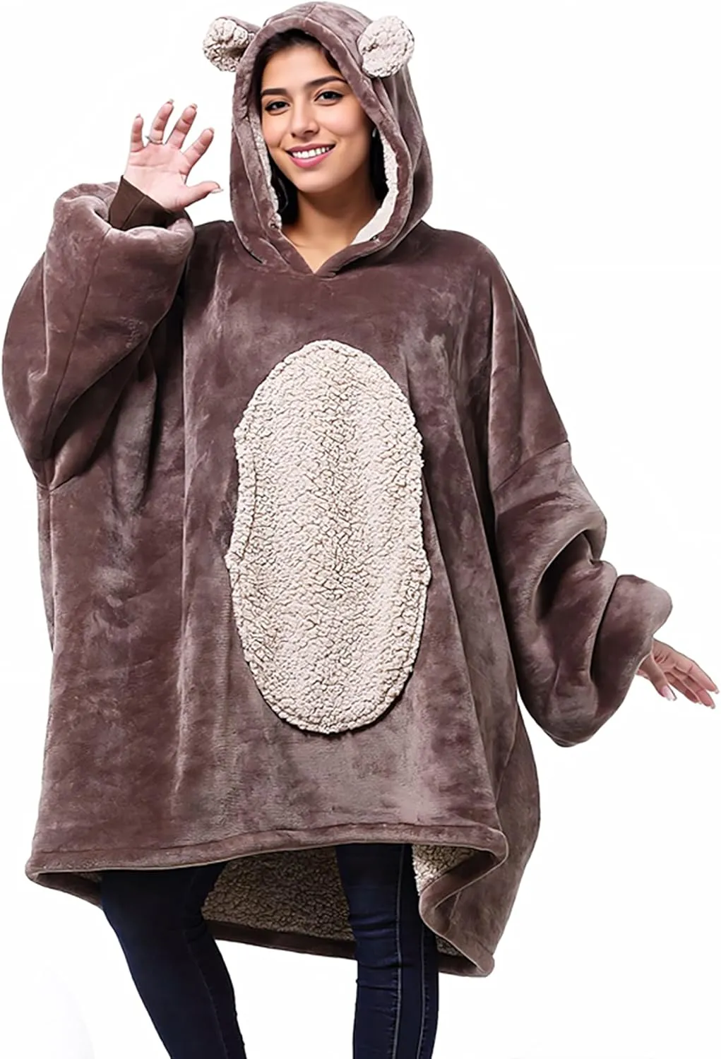 Solaris Bear Oversized Blanket Sweatshirt, Super Soft Warm Cozy Wearable Sherpa Hoodie for Women Men, Gift Idea for Adult & Teens