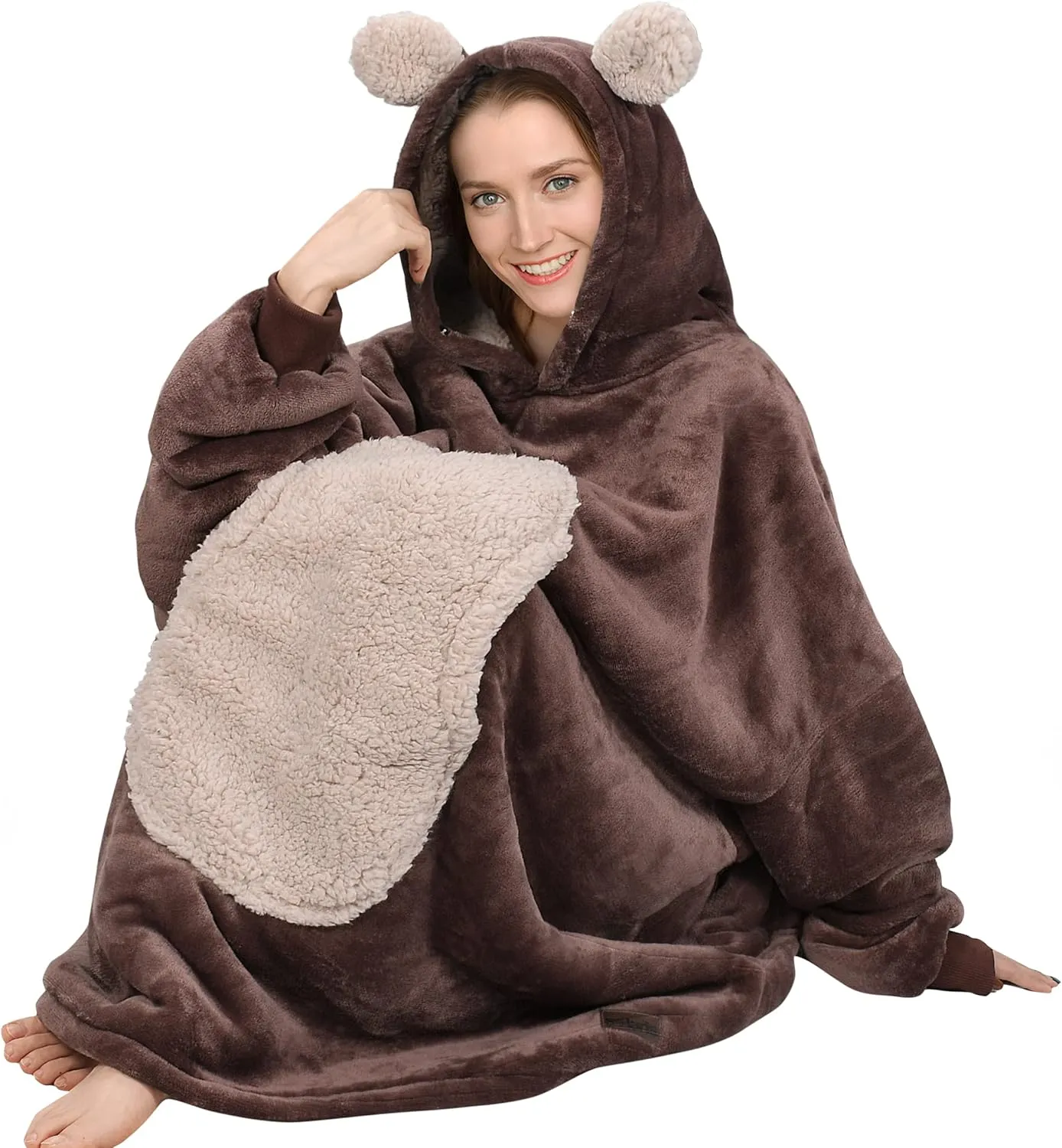 Solaris Bear Oversized Blanket Sweatshirt, Super Soft Warm Cozy Wearable Sherpa Hoodie for Women Men, Gift Idea for Adult & Teens