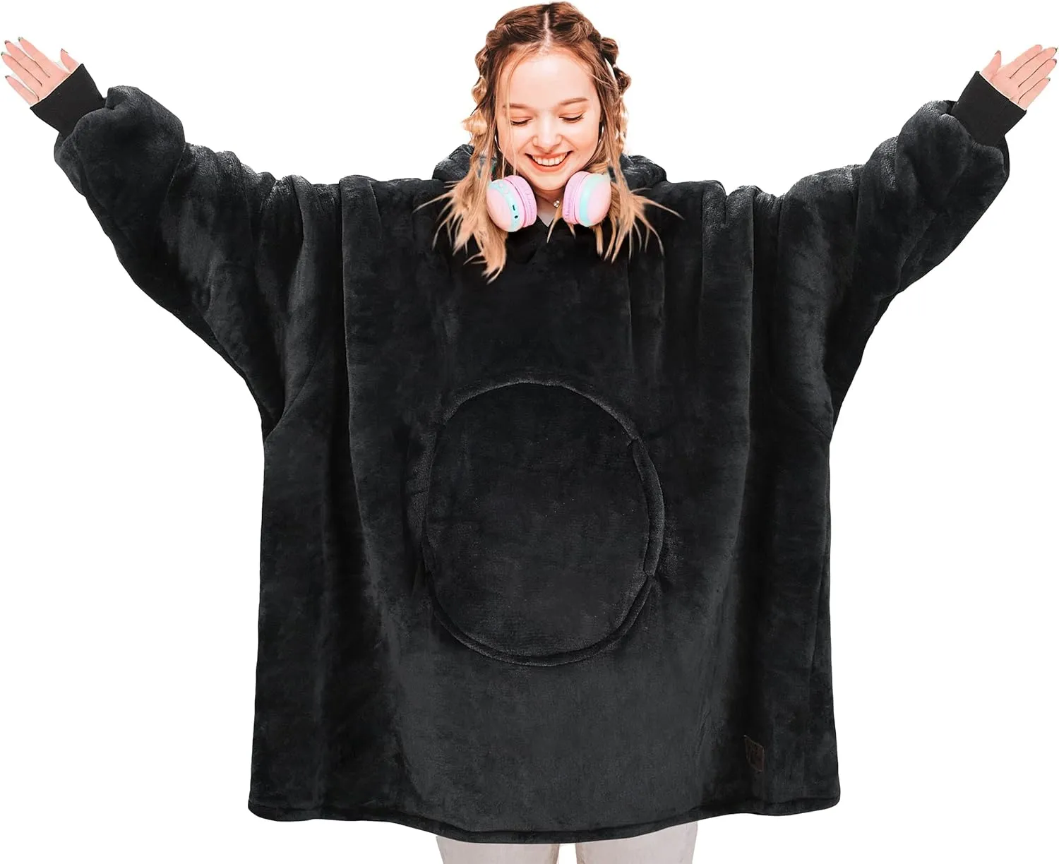 Solaris Cute Cat Wearable Blanket Hoodie with Large Pocket, Warm Super Soft Cozy Sherpa Sweatshirt Hoodie for Adults & Teens, Best Gift for Your Lover, Black