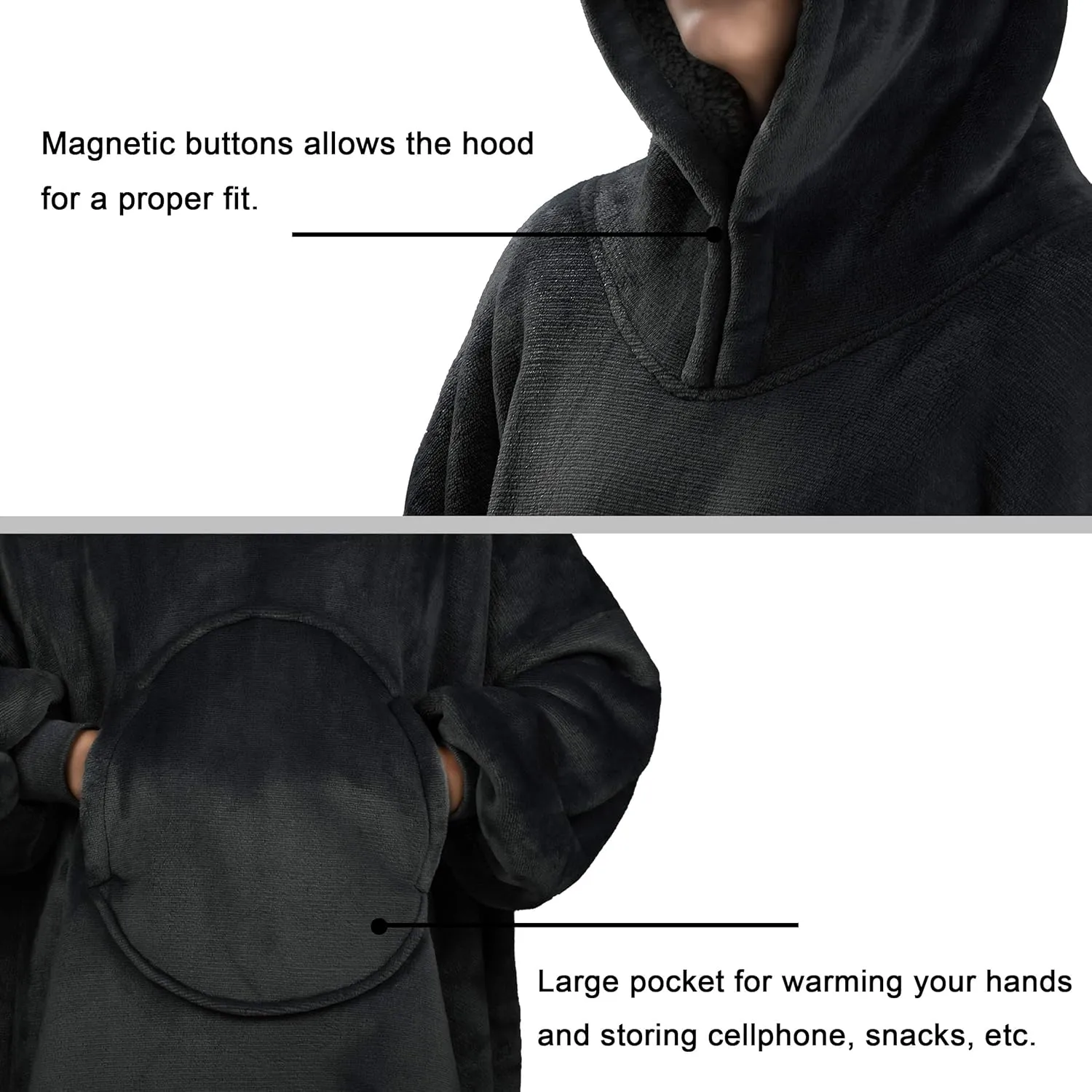 Solaris Cute Cat Wearable Blanket Hoodie with Large Pocket, Warm Super Soft Cozy Sherpa Sweatshirt Hoodie for Adults & Teens, Best Gift for Your Lover, Black