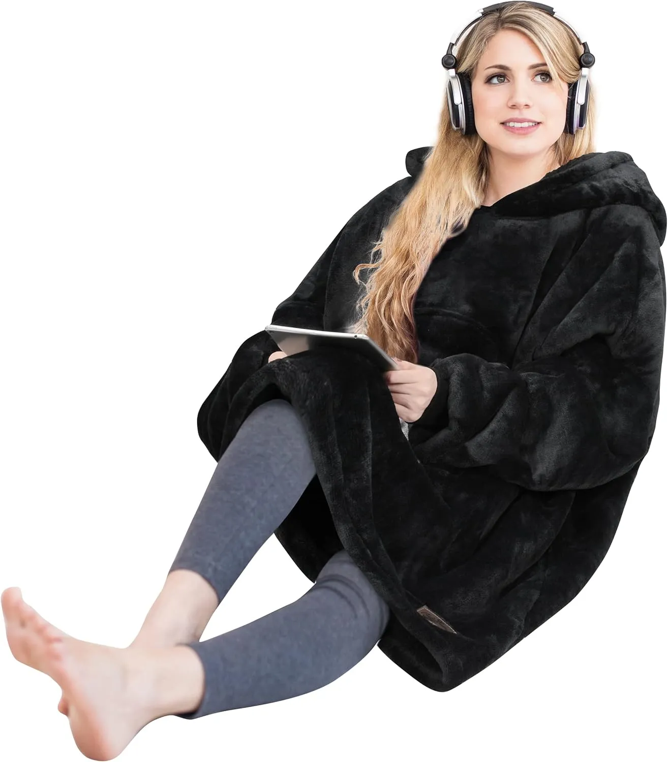 Solaris Cute Cat Wearable Blanket Hoodie with Large Pocket, Warm Super Soft Cozy Sherpa Sweatshirt Hoodie for Adults & Teens, Best Gift for Your Lover, Black