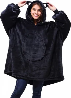 Solaris Cute Cat Wearable Blanket Hoodie with Large Pocket, Warm Super Soft Cozy Sherpa Sweatshirt Hoodie for Adults & Teens, Best Gift for Your Lover, Black