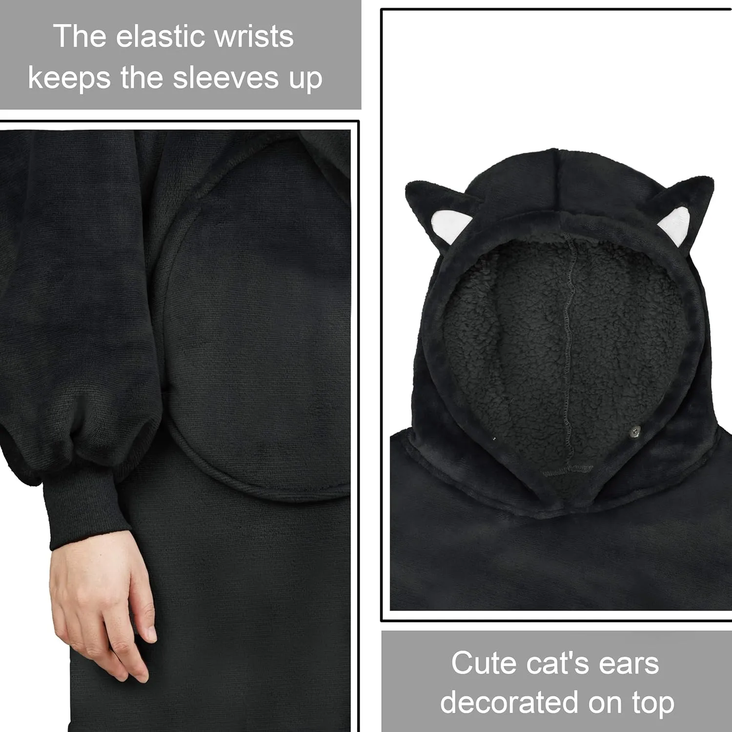 Solaris Cute Cat Wearable Blanket Hoodie with Large Pocket, Warm Super Soft Cozy Sherpa Sweatshirt Hoodie for Adults & Teens, Best Gift for Your Lover, Black