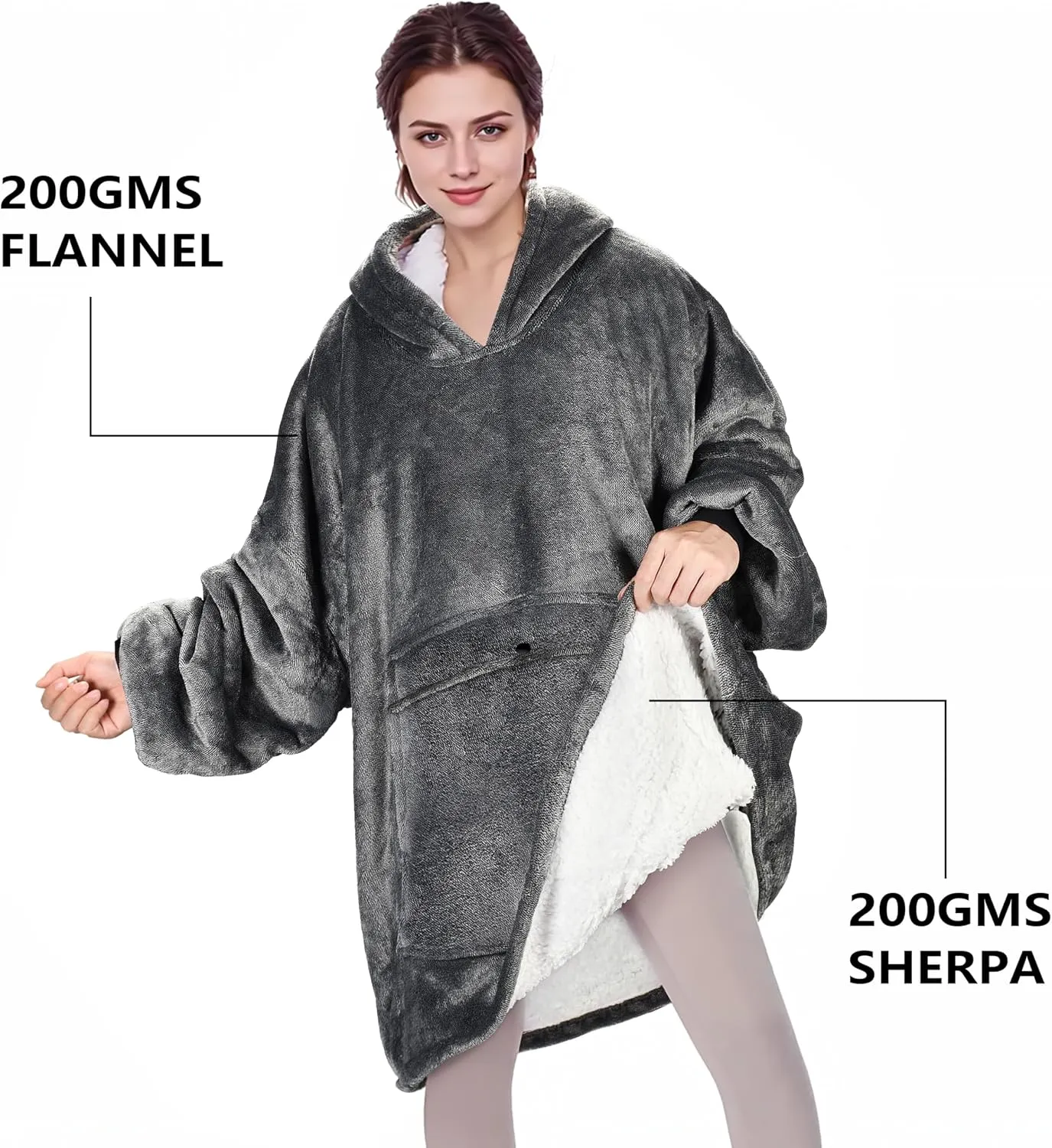 Solaris Oversized Wearable Blanket Hoodie with Pet Pocket, Warm Super Soft Cozy Sherpa Sweatshirt Hoodie for Women Men, Best Gift for Your Loves, Black Ash