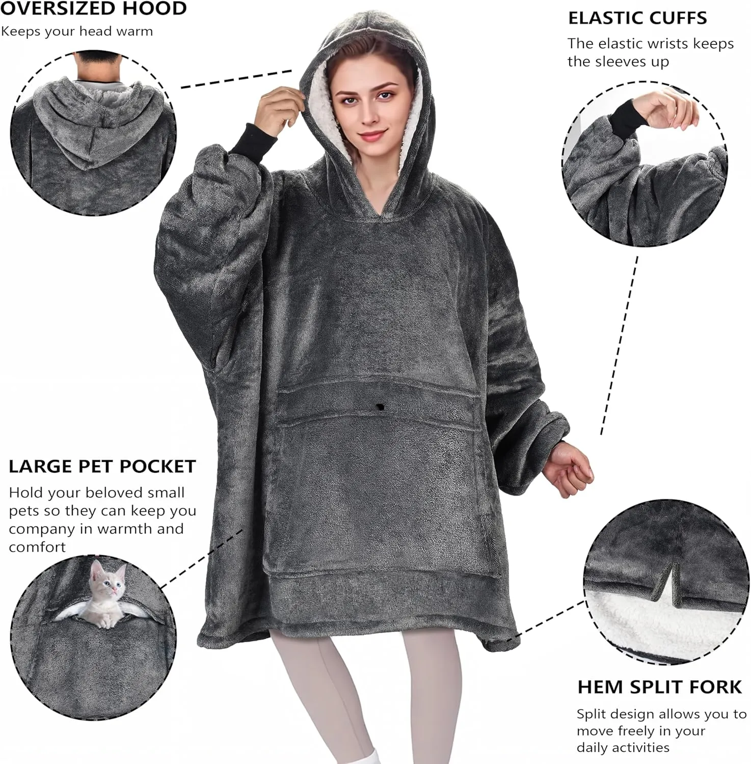 Solaris Oversized Wearable Blanket Hoodie with Pet Pocket, Warm Super Soft Cozy Sherpa Sweatshirt Hoodie for Women Men, Best Gift for Your Loves, Black Ash