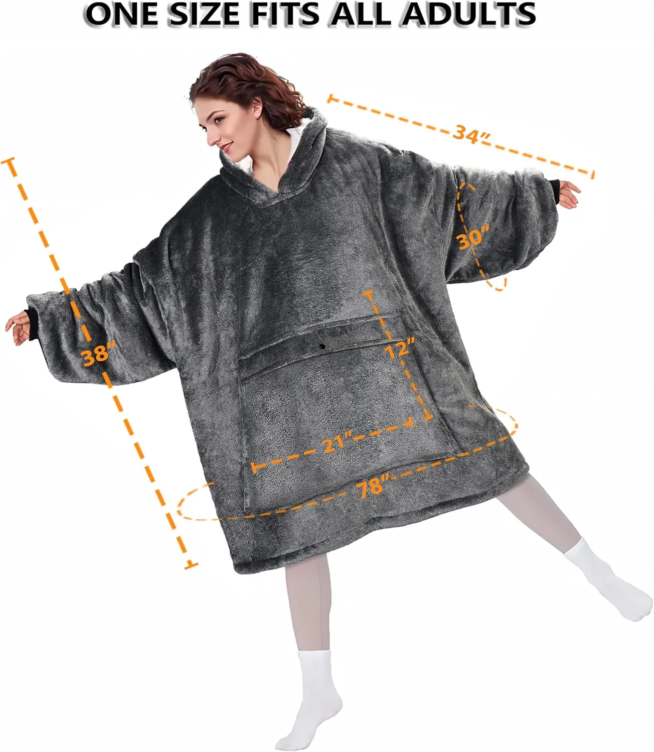 Solaris Oversized Wearable Blanket Hoodie with Pet Pocket, Warm Super Soft Cozy Sherpa Sweatshirt Hoodie for Women Men, Best Gift for Your Loves, Black Ash