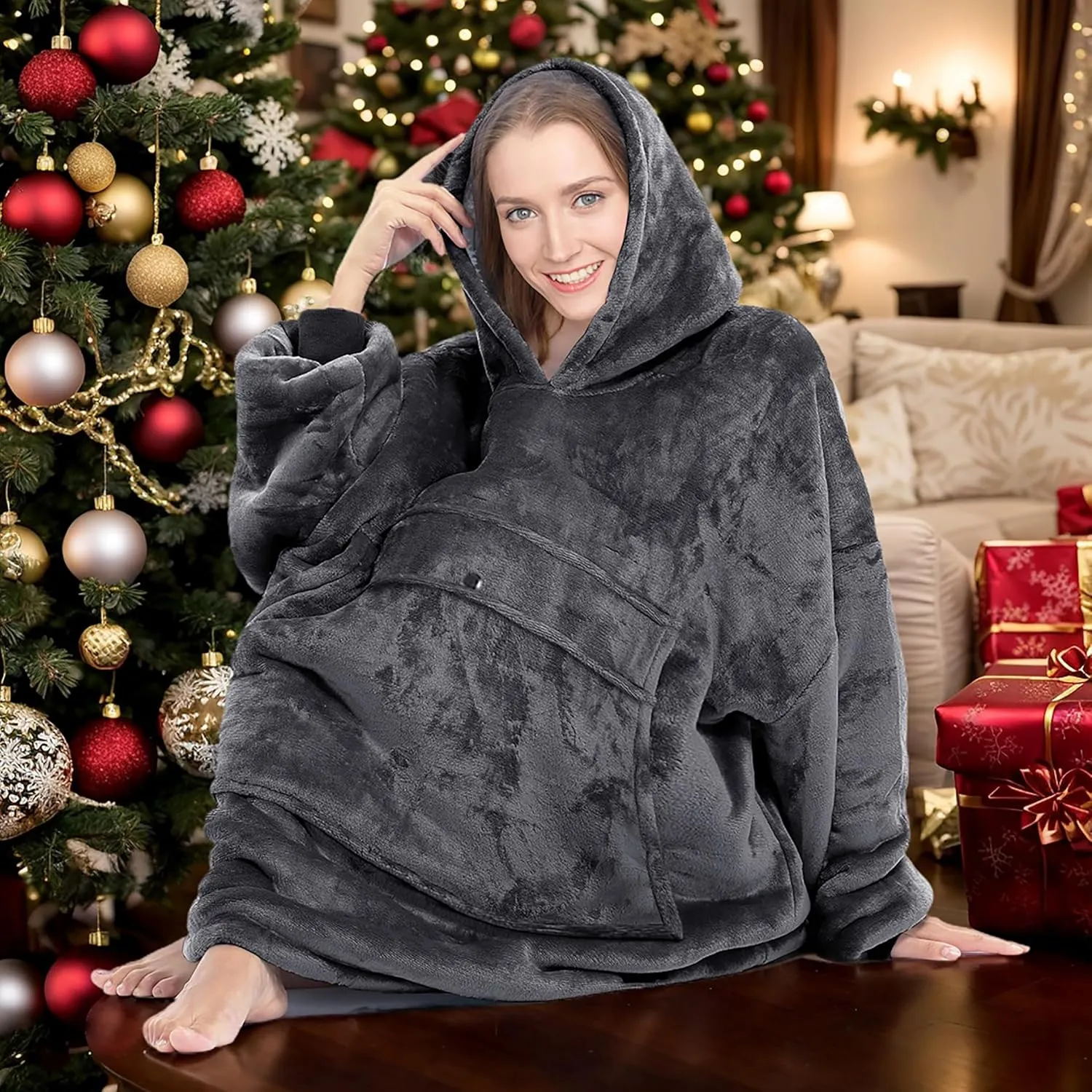 Solaris Oversized Wearable Blanket Hoodie with Pet Pocket, Warm Super Soft Cozy Sherpa Sweatshirt Hoodie for Women Men, Best Gift for Your Loves, Black Ash