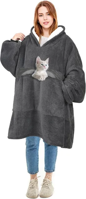 Solaris Oversized Wearable Blanket Hoodie with Pet Pocket, Warm Super Soft Cozy Sherpa Sweatshirt Hoodie for Women Men, Best Gift for Your Loves, Black Ash