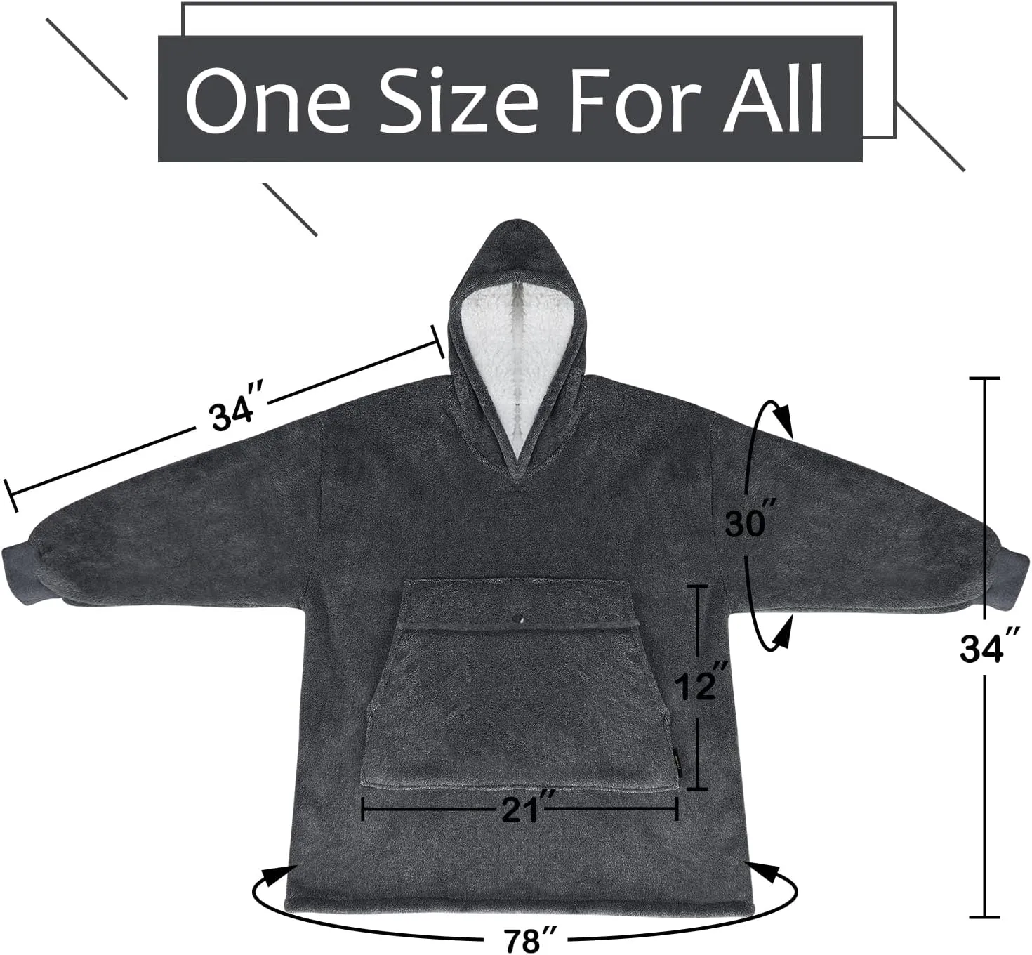 Solaris Oversized Wearable Blanket Hoodie with Pet Pocket, Warm Super Soft Cozy Sherpa Sweatshirt Hoodie for Women Men, Best Gift for Your Loves, Black Ash