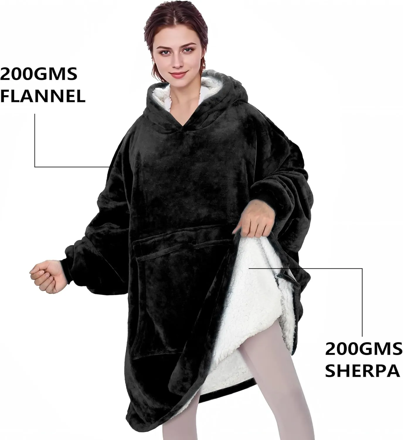 Solaris Oversized Wearable Blanket Hoodie with Pet Pocket, Warm Super Soft Cozy Sherpa Sweatshirt Hoodie for Women Men, Best Gift for Your Loves, Black