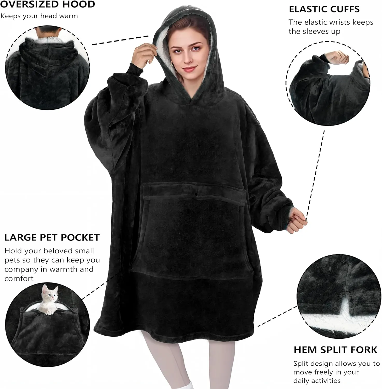 Solaris Oversized Wearable Blanket Hoodie with Pet Pocket, Warm Super Soft Cozy Sherpa Sweatshirt Hoodie for Women Men, Best Gift for Your Loves, Black