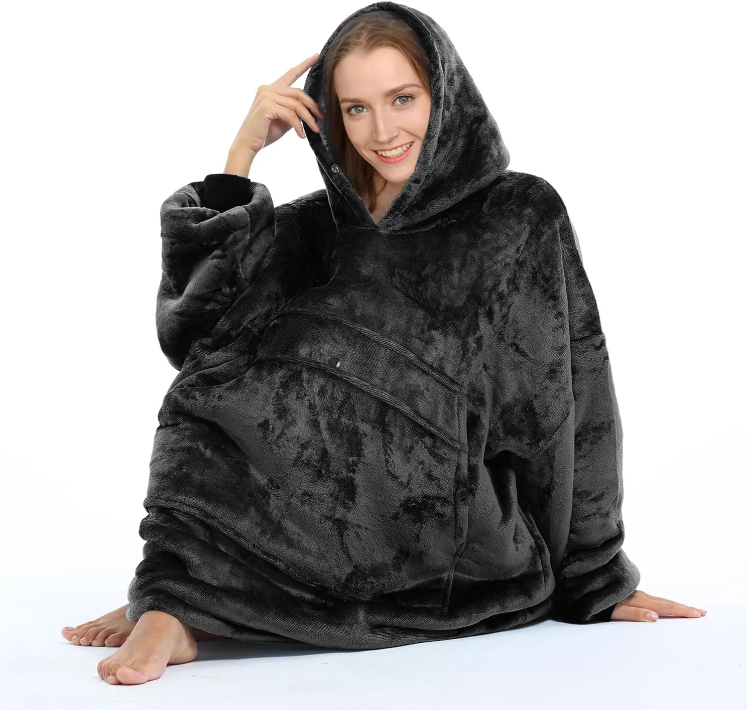 Solaris Oversized Wearable Blanket Hoodie with Pet Pocket, Warm Super Soft Cozy Sherpa Sweatshirt Hoodie for Women Men, Best Gift for Your Loves, Black