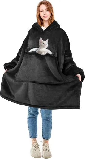 Solaris Oversized Wearable Blanket Hoodie with Pet Pocket, Warm Super Soft Cozy Sherpa Sweatshirt Hoodie for Women Men, Best Gift for Your Loves, Black