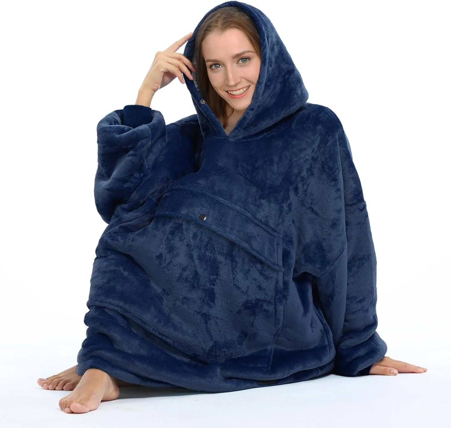 Solaris Oversized Wearable Blanket Hoodie with Pet Pocket, Warm Super Soft Cozy Sherpa Sweatshirt Hoodie for Women Men, Best Gift for Your Loves, Deep Blue