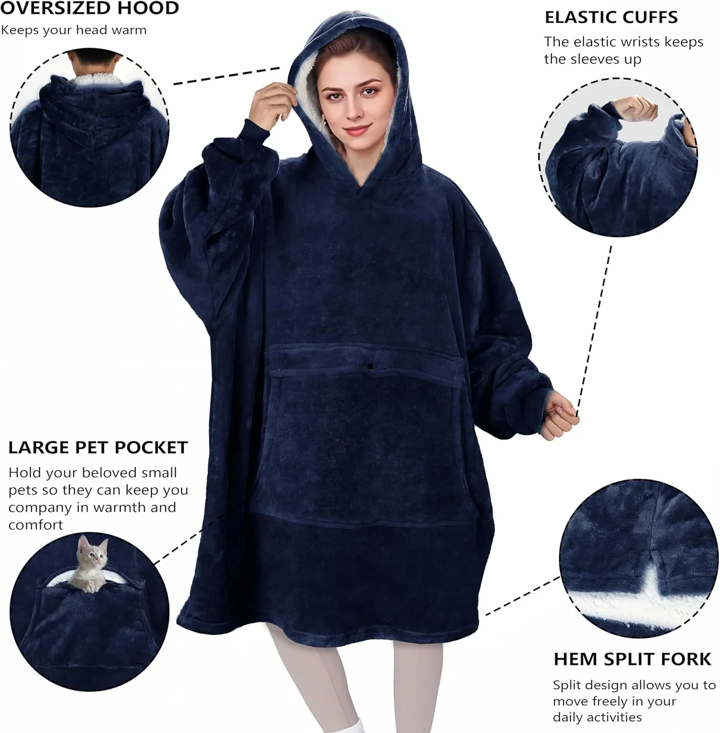 Solaris Oversized Wearable Blanket Hoodie with Pet Pocket, Warm Super Soft Cozy Sherpa Sweatshirt Hoodie for Women Men, Best Gift for Your Loves, Deep Blue