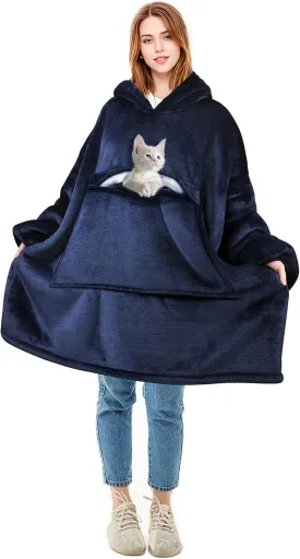 Solaris Oversized Wearable Blanket Hoodie with Pet Pocket, Warm Super Soft Cozy Sherpa Sweatshirt Hoodie for Women Men, Best Gift for Your Loves, Deep Blue