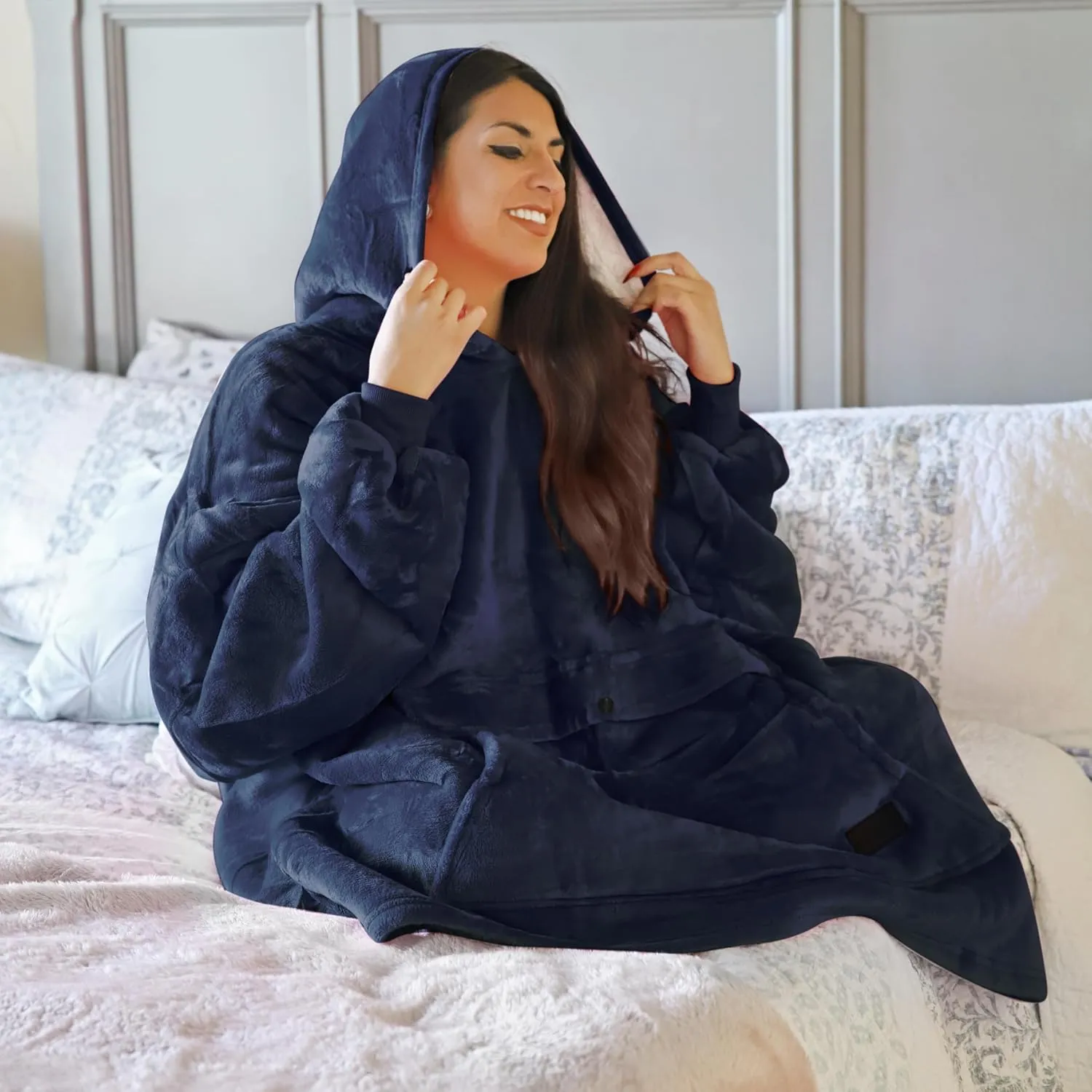 Solaris Oversized Wearable Blanket Hoodie with Pet Pocket, Warm Super Soft Cozy Sherpa Sweatshirt Hoodie for Women Men, Best Gift for Your Loves, Deep Blue