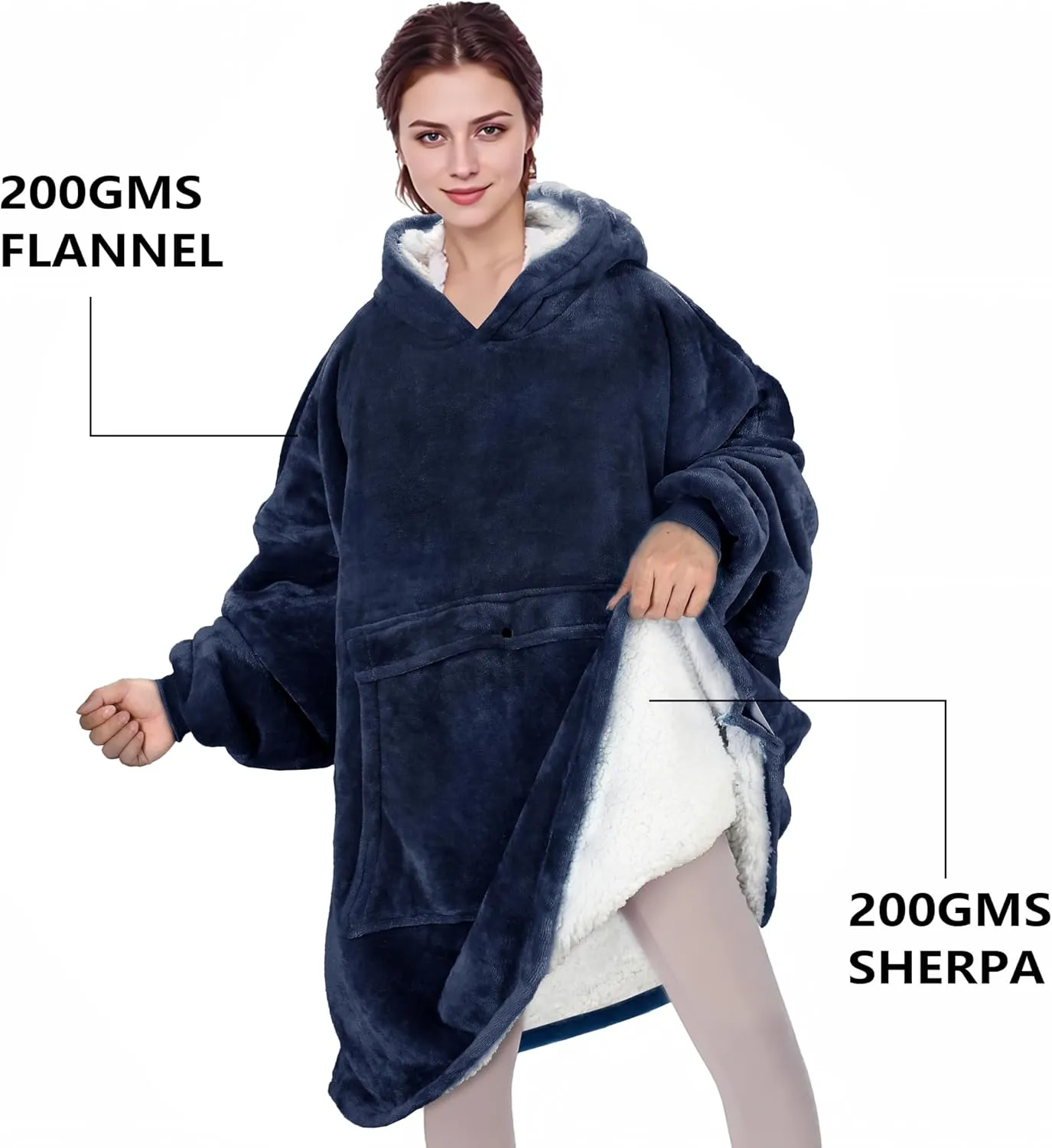 Solaris Oversized Wearable Blanket Hoodie with Pet Pocket, Warm Super Soft Cozy Sherpa Sweatshirt Hoodie for Women Men, Best Gift for Your Loves, Deep Blue