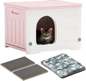 Stackable Cat House - Indoor & Outdoor, Waterproof, Feral Cat Shelter with Scratching Board & Cushion (Pink)