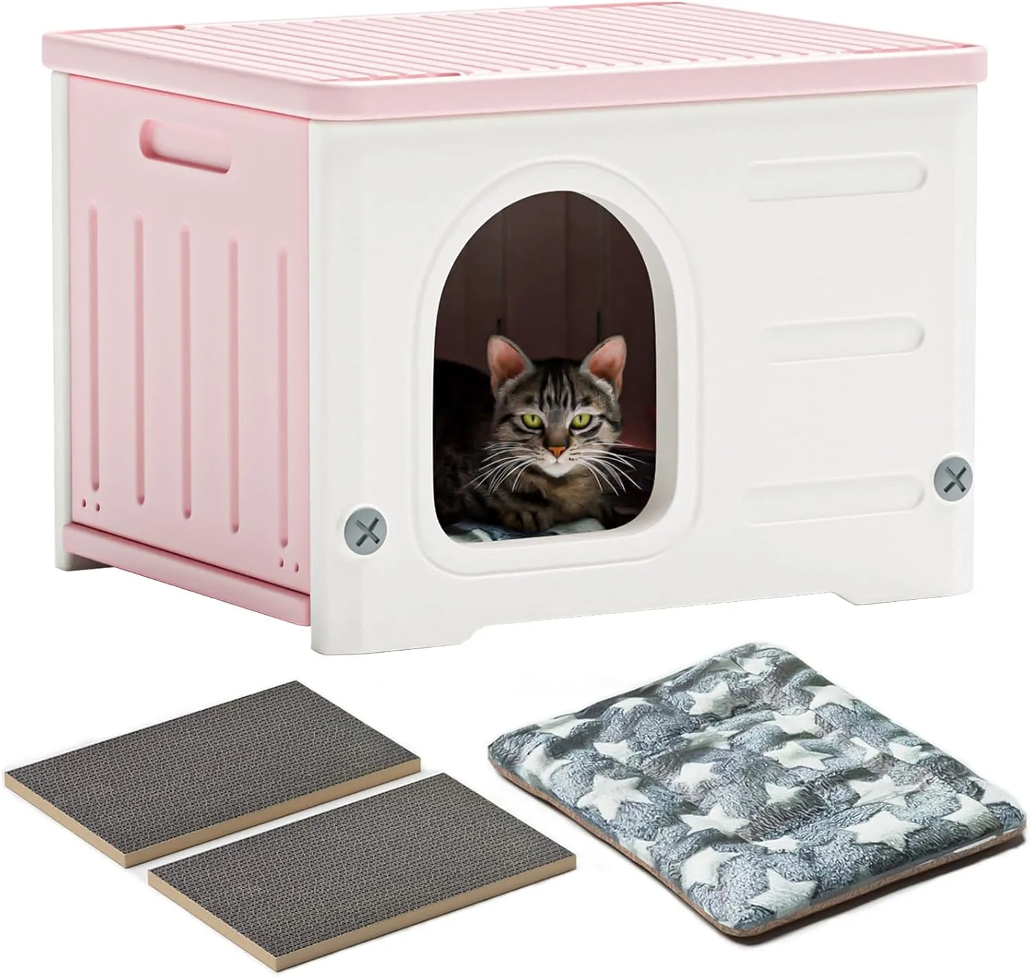 Stackable Cat House - Indoor & Outdoor, Waterproof, Feral Cat Shelter with Scratching Board & Cushion (Pink)