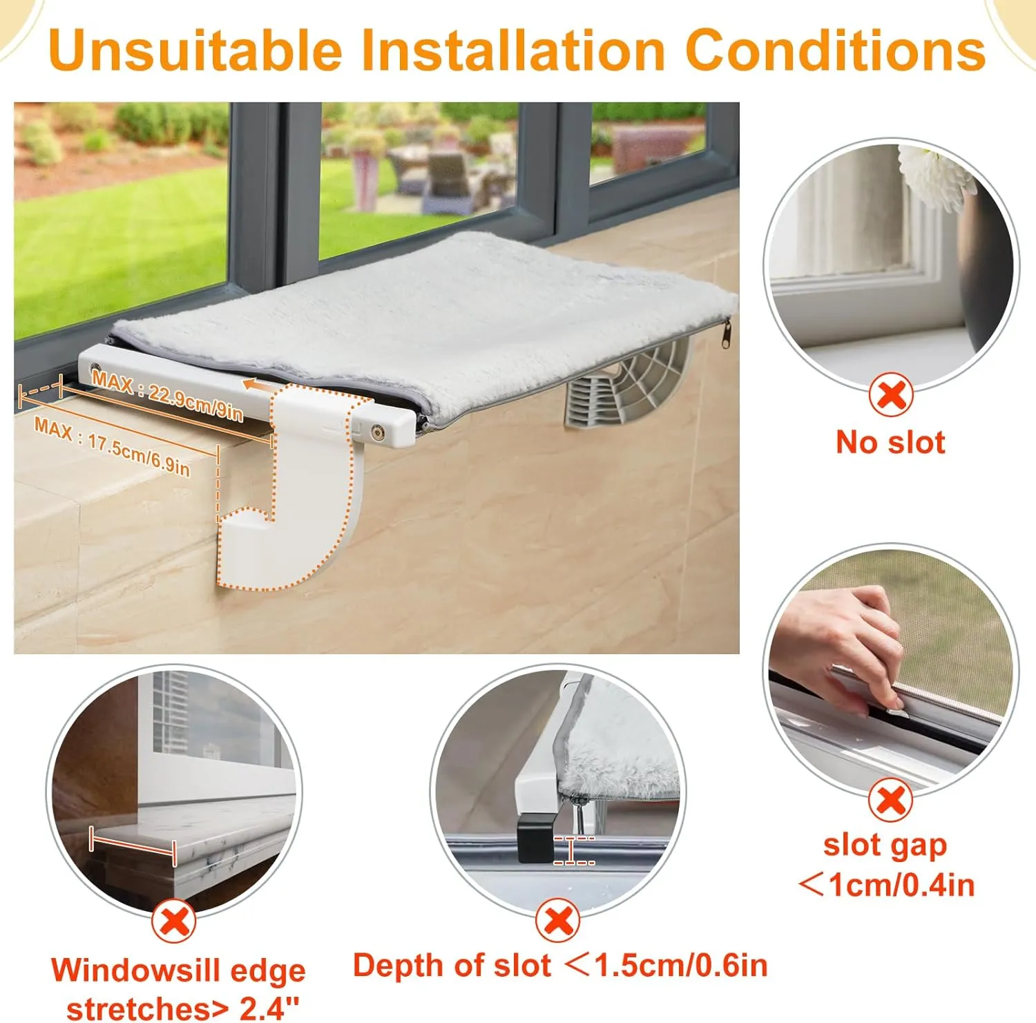 Sunhoo Cat Window Perch Hammock Kitty Bed for Windowsill Bedside Large Cats Shelf Seat inside with Adjustable Ledge Sturdy Removable Cover Easy Assembly No Suction No Drill Hold 40lbs 26.54*13.58in(L)
