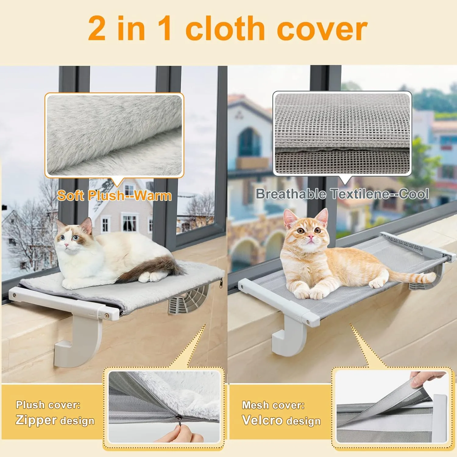 Sunhoo Cat Window Perch Hammock Kitty Bed for Windowsill Bedside Large Cats Shelf Seat inside with Adjustable Ledge Sturdy Removable Cover Easy Assembly No Suction No Drill Hold 40lbs 26.54*13.58in(L)
