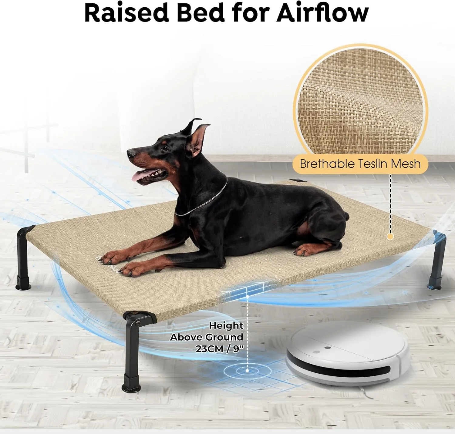 Veehoo Heavy Duty Elevated Dog Bed - Raised Bed with Washable & Breathable Teslin Mesh, Non-Slip Silicon Feet, Cooling Dog Cot, Indoor/Outdoor Use, 41" x 27", Beige Coffee