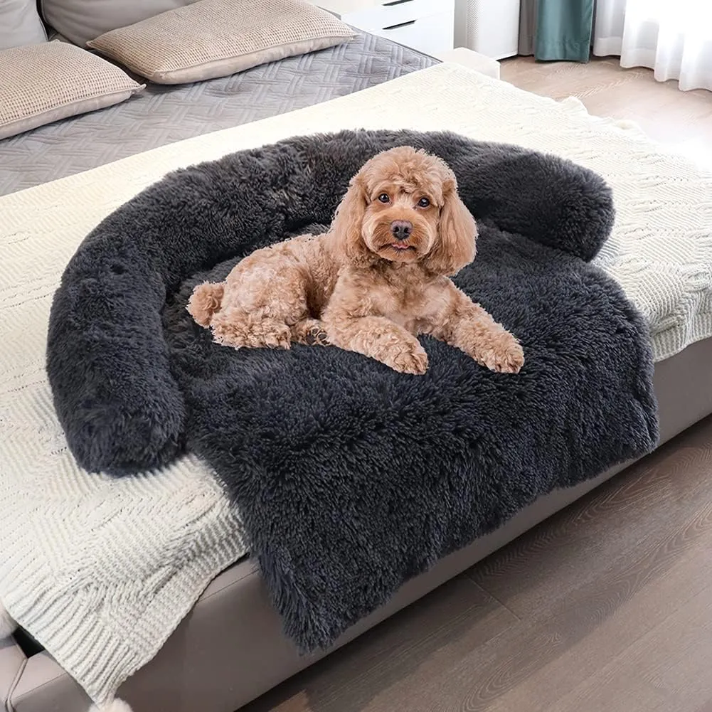 Waterproof Dog Beds for Couch with Soft Neck Bolster, Universal Pet Furniture Cover, Sofa Bed Cover, Plush Dog Bed and More for Dogs and Cats, Machine Washable Silver Gray X-Large