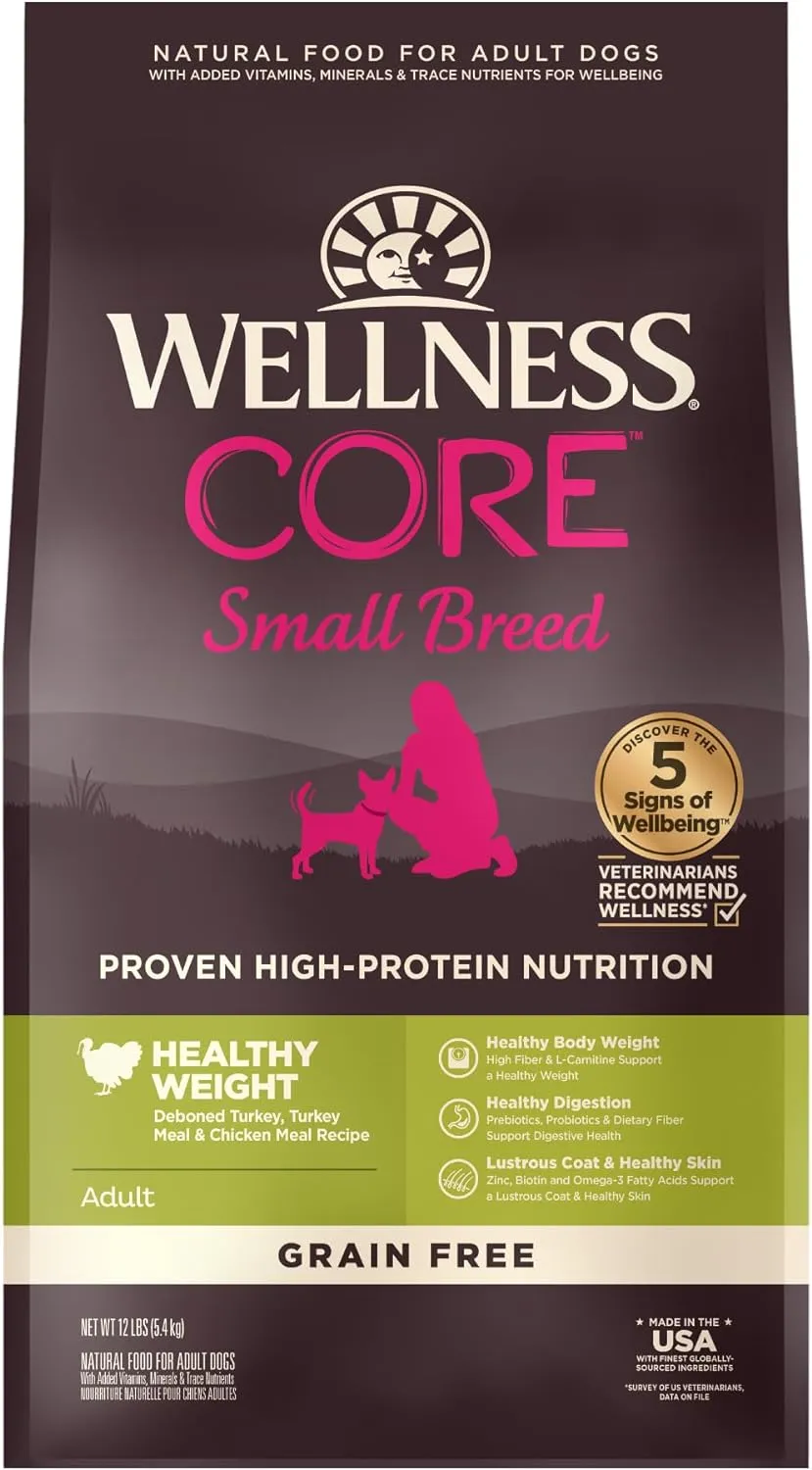 Wellness CORE Dry Dog Food, Small Breed, Grain-Free, High Protein, Natural, Healthy Weight Turkey & Chicken Recipe, (12-Pound Bag)