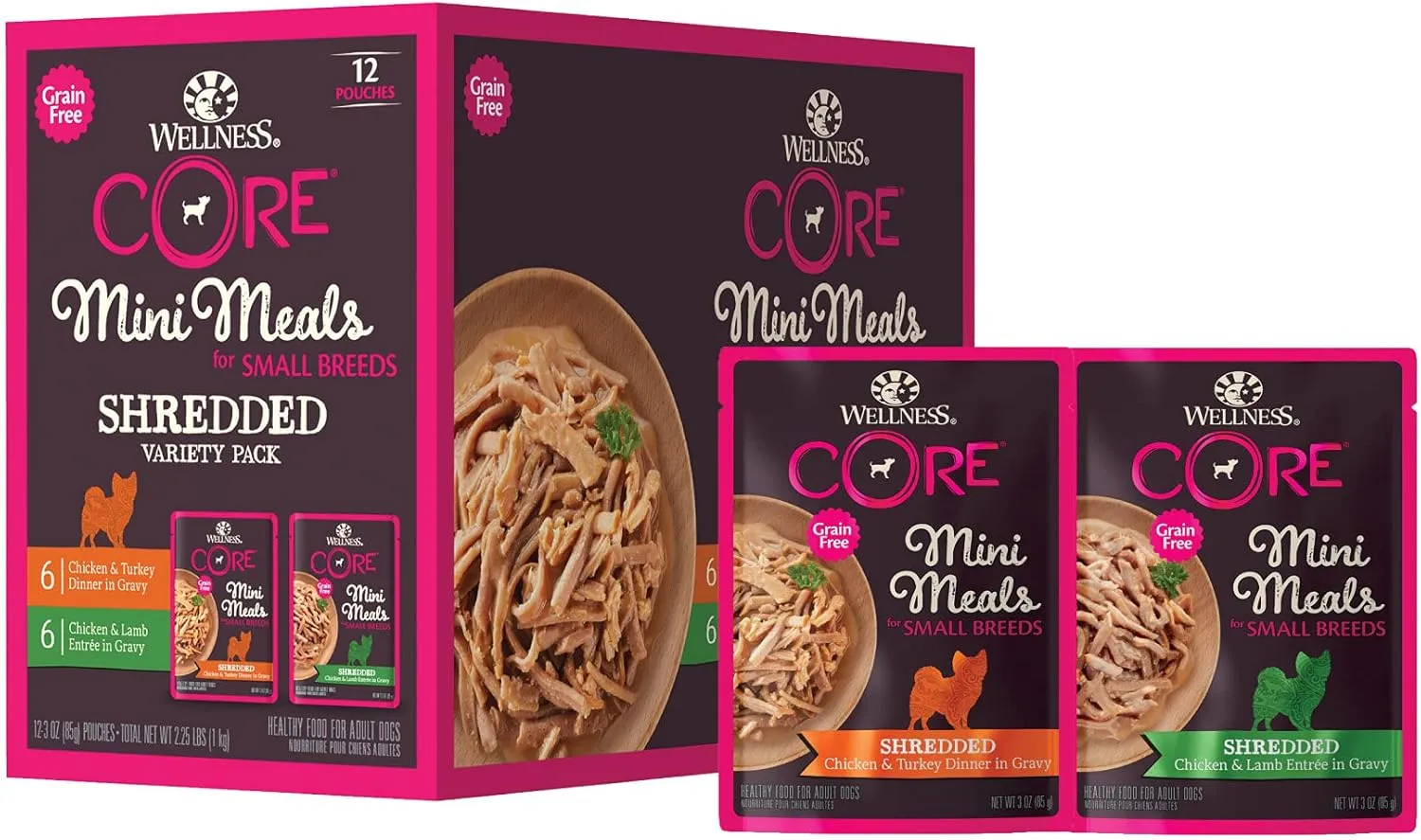 Wellness CORE Natural Grain Free Mini Meals Shredded Variety Pack, 3-Ounce (Pack of 12)