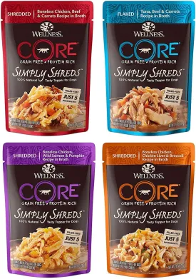Wellness CORE Simply Shreds Natural Grain Free Wet Dog Food Toppers Variety Pack, 4 Flavors, 2.8 ounce Each (12 Total Pouches)
